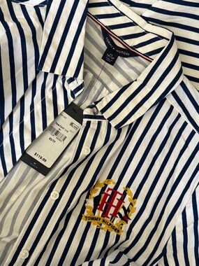 Tommy Hilfiger Navy and White Striped Button-Down Shirt NWT XS